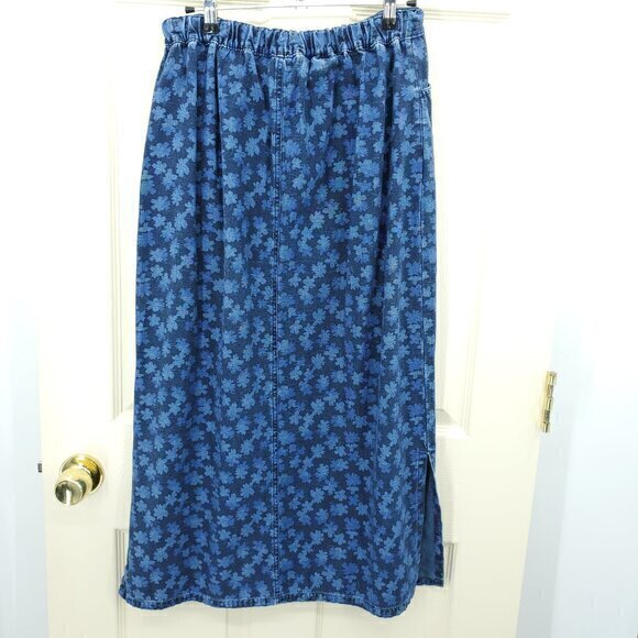 VTG Denim Floral Print Midi Skirt W/Drawstring Waist 8 Blue - Picture 2 of 15
